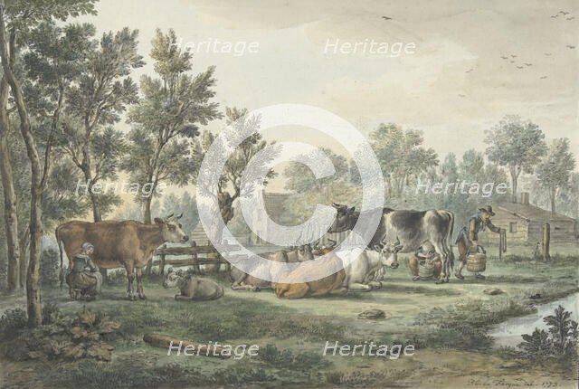 Meadow with cows being milked, 1773. Creator: Paulus Constantijn la Fargue.