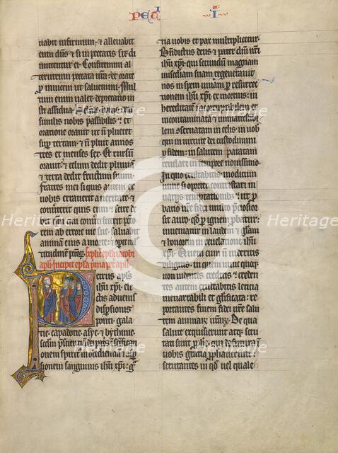 Initial P: Saint Peter Speaking to a Group from Judah; Concluding Volume of a Bible, about 1260-1270 Creator: Unknown.