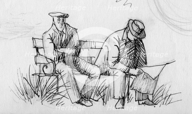 Two men on a bench, c1950. Creator: Shirley Markham.