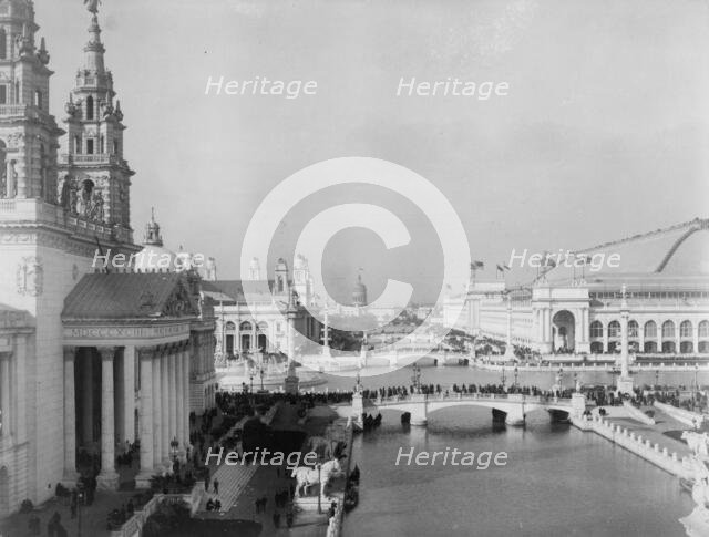 Bird's-eye view of exposition grounds, with canal in foreground, World's Columbian Expo..., 1893. Creator: Frances Benjamin Johnston.