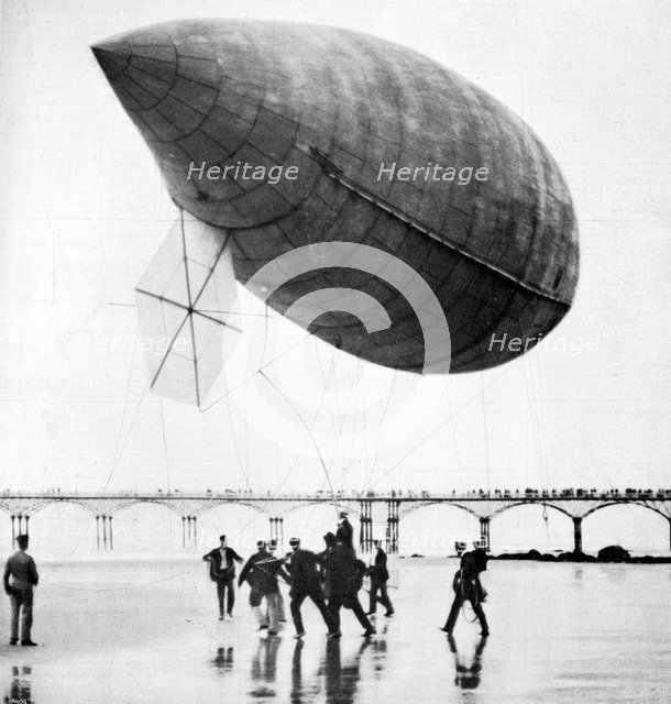 Santos-Dumont's airship departing from Trouville, France, 1905. Artist: Unknown