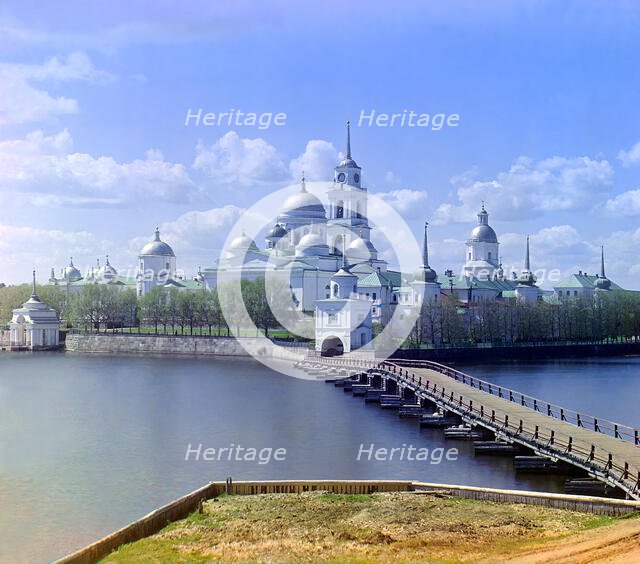 View of the monastery from Svetlitsa [Island, Saint Nil Stolbenskii Monastery, Lake Seliger], 1910. Creator: Sergey Mikhaylovich Prokudin-Gorsky.