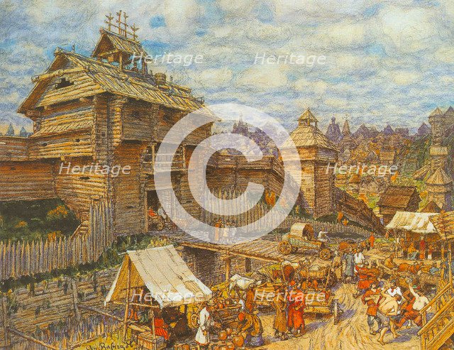 Wooden City of Moscow in the 14th century. Artist: Vasnetsov, Appolinari Mikhaylovich (1856-1933)