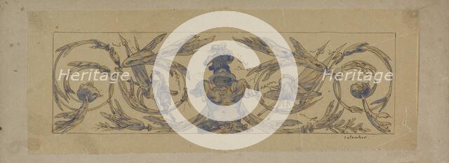 Rectangular field with symmetrical leaf vines with banners, weapons and a laurel wreath, with a helm Creator: Henri Cameré.