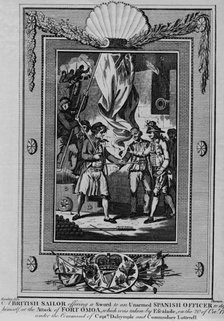 'A British Sailor offering a Sword to an unarmed Spanish Officer to defend himself, at the Attack of Artist: William Thornton.