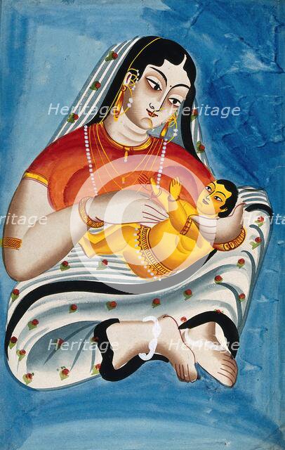 A woman and a child against a blue background. Creator: Unknown.