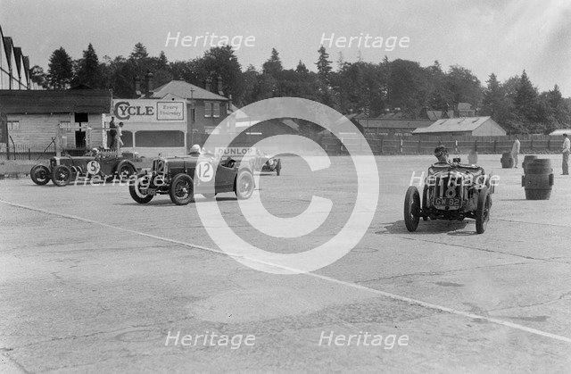 Frazer-Nash, Wolseley Hornet and Riley 9 Brooklands, BARC meeting, Brooklands, Surrey, 1933. Artist: Bill Brunell.
