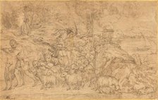 Shepherd Playing a Flute and Leading His Flock. Creator: Domenico Campagnola.
