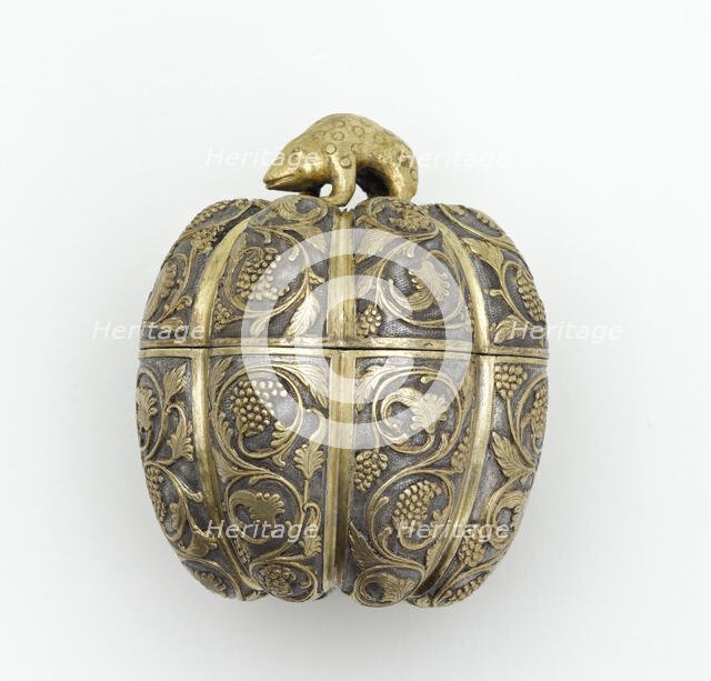 Lidded box in the form of a melon with grape..., Early or mid-Tang dynasty, late 7th-early 8th cent. Creator: Unknown.