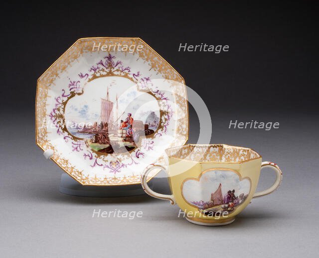Two-handled Cup and Saucer, Meissen, c. 1735. Creator: Meissen Porcelain.