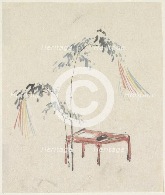 Still life of a red table and decorated bamboo, 1808-1861. Creator: Utagawa Kuniyoshi.