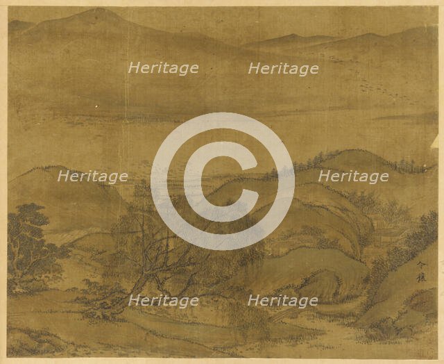 River landscape: a willow and other trees, rolling hills..., Yuan or Ming dynasty, 1279-1644. Creator: Unknown.