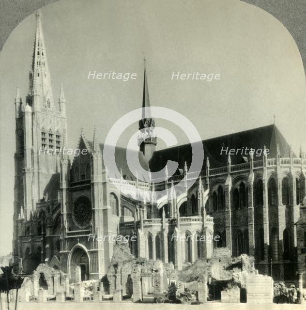 'The New Cathedral of St. Martins and the Cloth Hall Ruins, Ypres, Belgium', c1930s. Creator: Unknown.