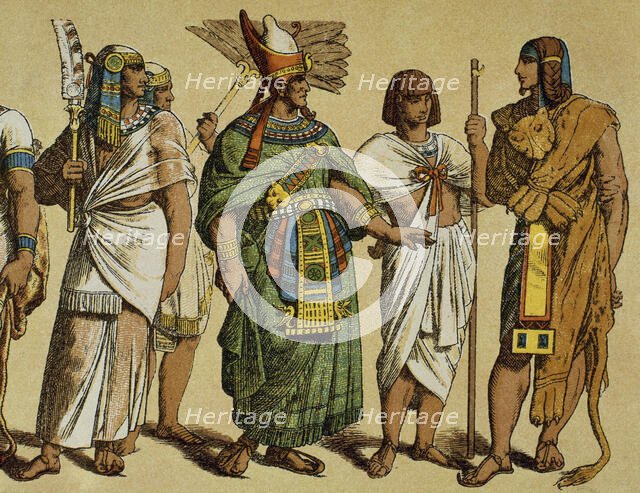 Pharaoh with public servants and the High Priest dressed with lion skin, New Kingdom, Egypt. Creator: Unknown.