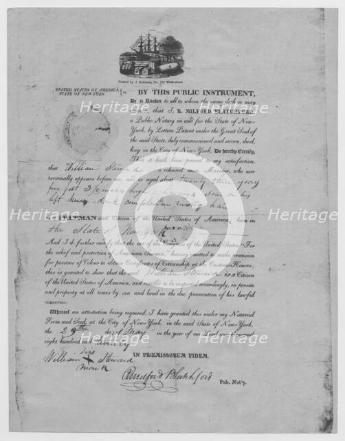 Manumission certificate for William Steward, mariner granted citizenship, 1820-05-29. Creator: Unknown.