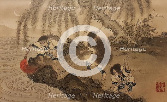 Fishing with a lighted torch. From the series The Ainu, Second Half of the 19th cen.. Creator: Hirasawa, Byozan (1822-1876).