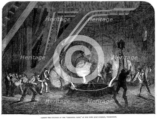 'Casting the cylinder of the 'Britannia Press' at the Bank Quay Foundry, Warrington', 1851. Artist: Unknown