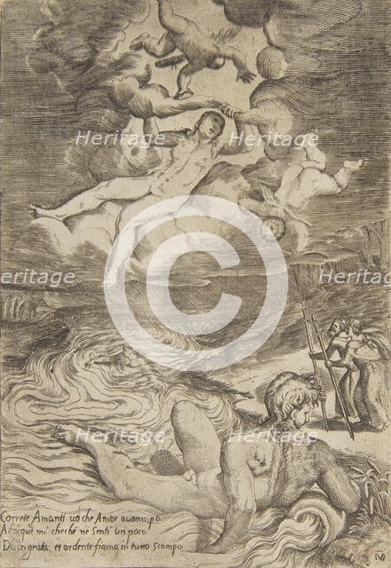 Venus tumbling with putti in the clouds, from 'The Loves of the Gods', ca. 1531-76. Creator: Giulio Bonasone.
