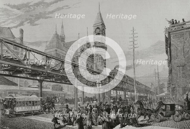 Inauguration of the elevated railway over streets and squares, New York, April 29, 1878.  Creator: Enrique Alba.