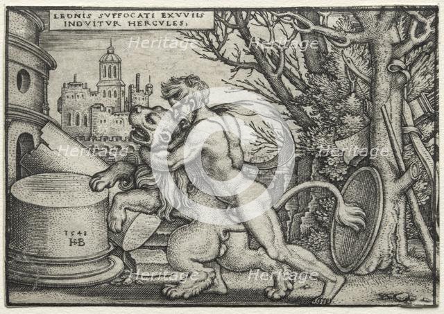 The Labors of Hercules: Hercules Strangling the Nemean Lion, 1548. Creator: Hans Sebald Beham (German, 1500-1550).