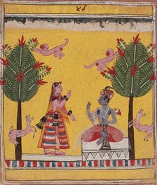 Radha's Confidante Meets with Krishna (Arudhayauvana Madhya)..., c1635. Creator: Unknown.