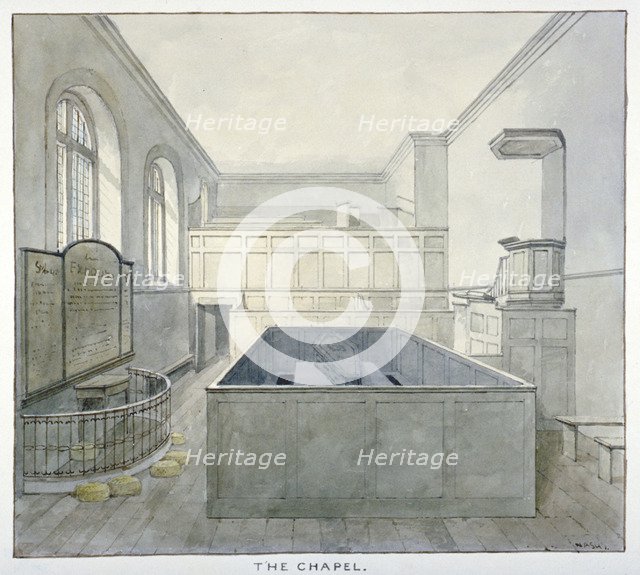 Interior view of the chapel in Newgate Prison, Old Bailey, City of London, 1840. Artist: Frederick Nash