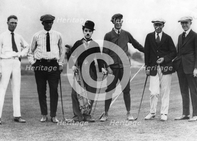 Charlie Chaplin with five members of the Chicago Golf Club, Pasadena, USA, c1920s(?). Artist: Unknown
