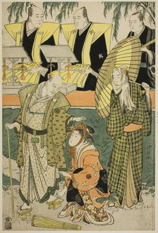The Actors Bando Matakuro IV as Chubei, Osagawa Tsuneyo II as Umegawa, and Nakamura Katsug..., 1783. Creator: Torii Kiyonaga.