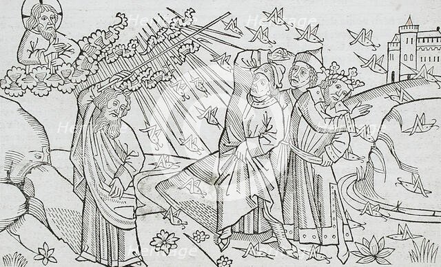 God Sends the Locusts to Egypt (recto); God Sends Hail to Egypt (verso), published 1483. Creator: Unknown.