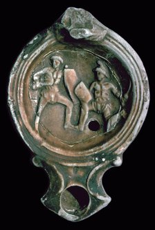Roman clay lamp decorated with gladiators, 3rd century. Artist: Unknown