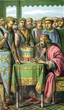 King John signing the Magna Carta at Runnymede, Surrey, 15 June 1215 (c1860). Artist: Unknown