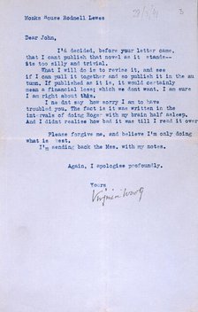 Letter from Virginia Woolf to John Lehmann, her publisher, re her last book, Between the Acts, 1941. Creator: Virginia Woolf.