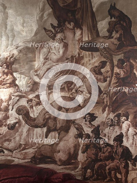 The Queen of Sheba, ready to leave her kingdom to find King Solomon, seated on a mother..., 1925. Creator: Josep Maria Sert.