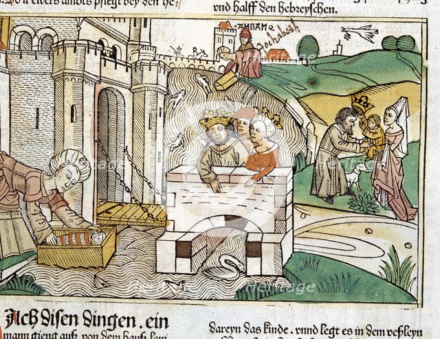 Rescue of Moses, scene in the Bible of Nuremberg written in German, 1483.