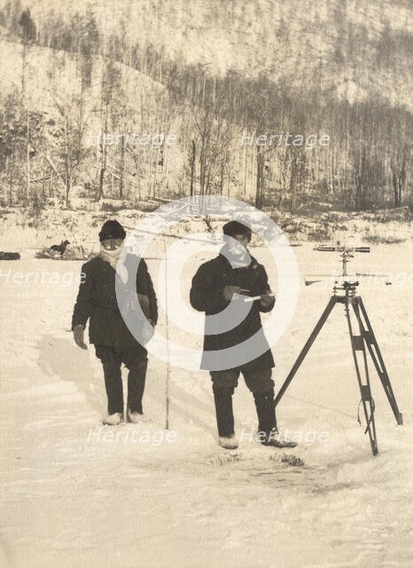 Carrying out a scale survey on the banks of the Zeya River, 1909. Creator: Vladimir Ivanovich Fedorov.