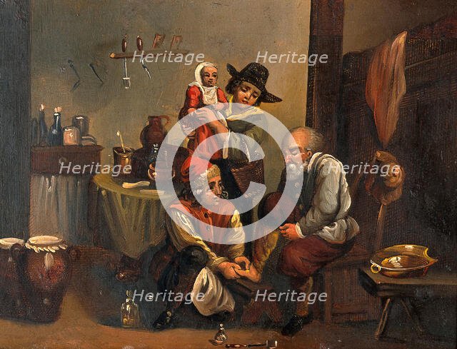 Interior of a surgery with a surgeon attending to a man's foot, and a woman..., c1680s. Creators: Unknown, Follower of David Teniers II.