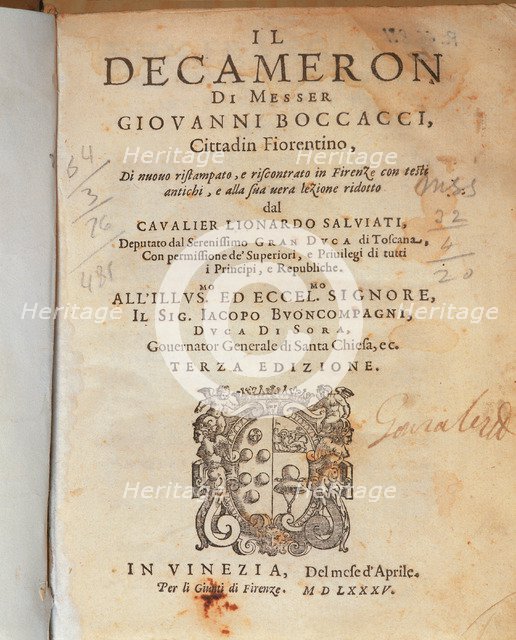 Cover of the Deccameron by Giovanni Boccaccio, published in Venice, 1635.