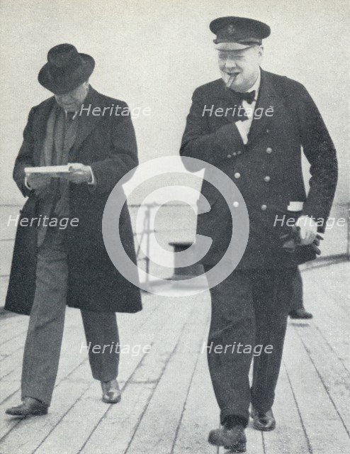 'Churchill, jubilant, aboard H.M.S. Prince of Wales with Lord Beaverbrook, about to say farewell t