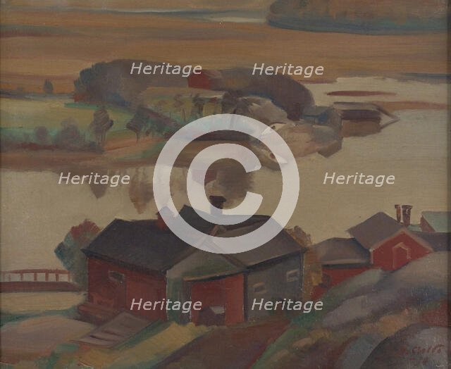 River Landscape With Buildings, 1930. Creator: Ilmari Aalto.