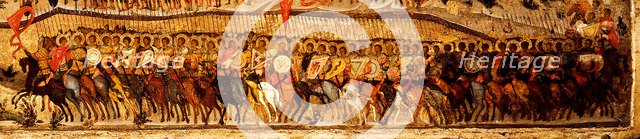 Blessed Be the Host of the King of Heaven  (Detail: lower warriors range conducted by Alexander Nevsky and Saint George), 1550s. Artist: Athanasius, Metropolitan of Moscow (active Mid of 16th cen.)