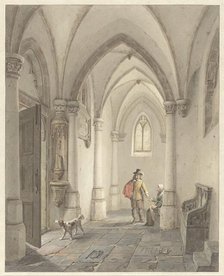 Church interior with man giving alms to a beggar, 1817-1879. Creator: George Gillis Haanen.