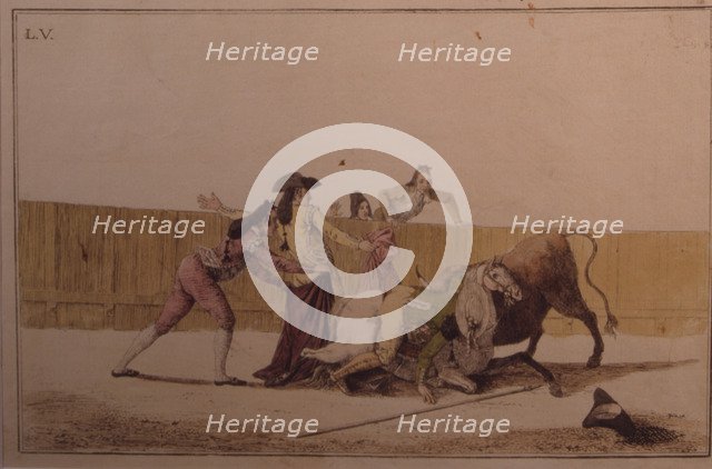  'Suerte de Varas' (Bullfighting stage), colored engraving by Antonio Carnicero.