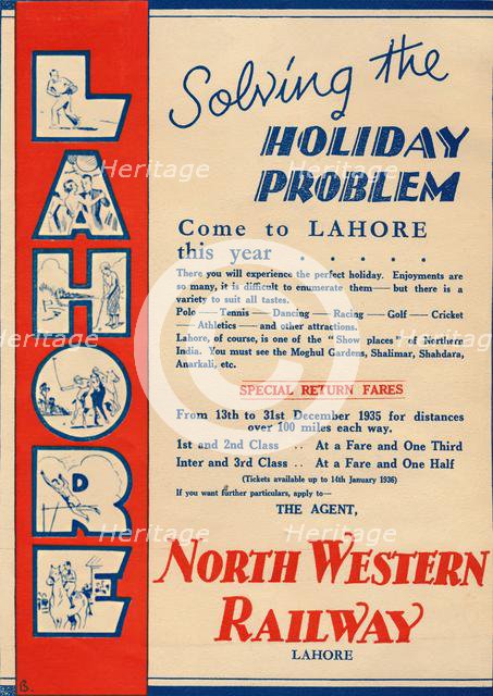 Advertisement for the North Western Railway promoting travel to Lahore, 1936. Creator: Unknown.