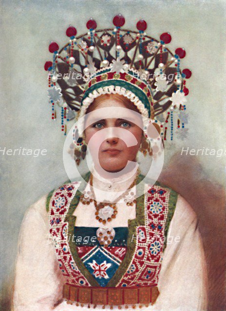 A Norwegian girl in bridal dress, 1912. Artist: Unknown.