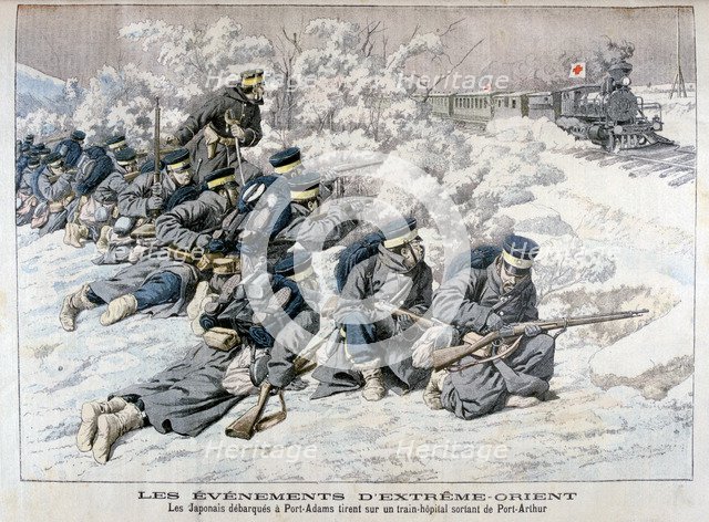 Japanese attack on a hospital train near Port Arthur, Manchuria, Russo-Japanese War, 1904. Artist: Unknown