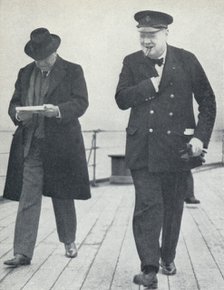 'Churchill, jubilant, aboard H.M.S. Prince of Wales with Lord Beaverbrook, about to say farewell t