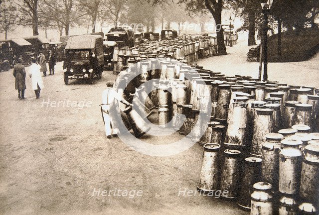 Milk churns being delivered to Hyde Park, London, during the General Strike, 8 May 1926. Artist: Unknown