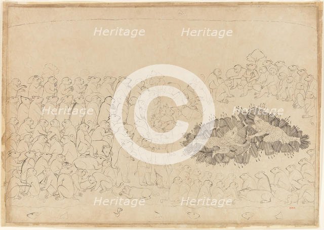 Rama and Lakshmana Overwhelmed by Arrows: Folio from the Siege of Lanka series, ca. 1725. Creator: Manaku.