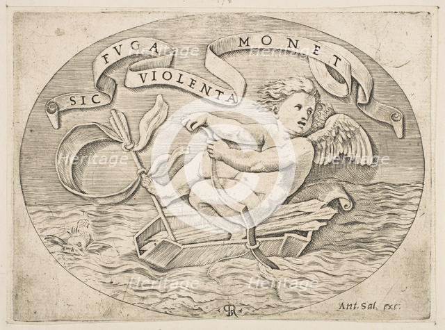 Eros Escaping by Sea; Cupid using his bow to propel a boat made from his quiver wit..., ca. 1515-27. Creator: Marco Dente.