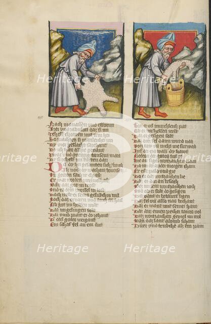 Gideon and the Miraculous Dryness of the Fleece: Gideon and the Dew on the Fleece, about 1400-1410. Creator: Unknown.